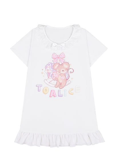 White/Pink Version Trim Adorable Lace Long Print T-Shirt Mouse