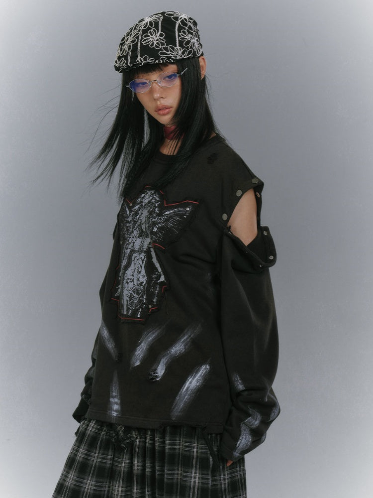 Distressed Sweatshirt Design Black Cutout Shoulder Faded Wash Applique