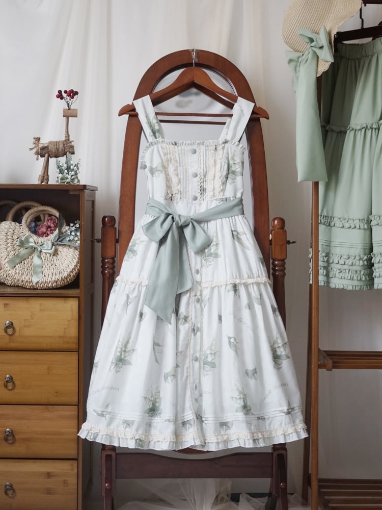 Robe d'été fleurie vert clair à imprimé muguet, jupe pull Kei Lolita naturelle