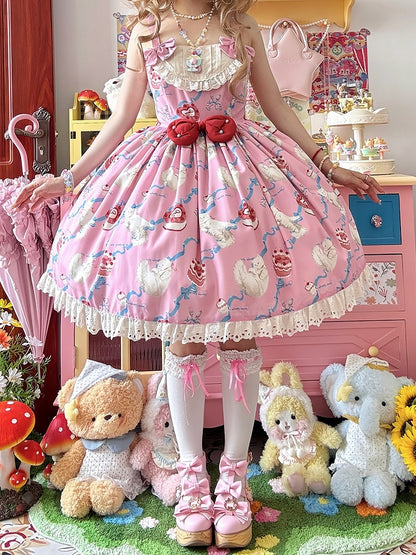 Kitty Cake Fashion Dress Sweet and Showa Pink Lolita Print Cherry