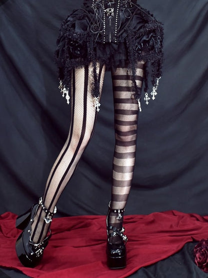 Asymmetrical Striped Fishnet Tights