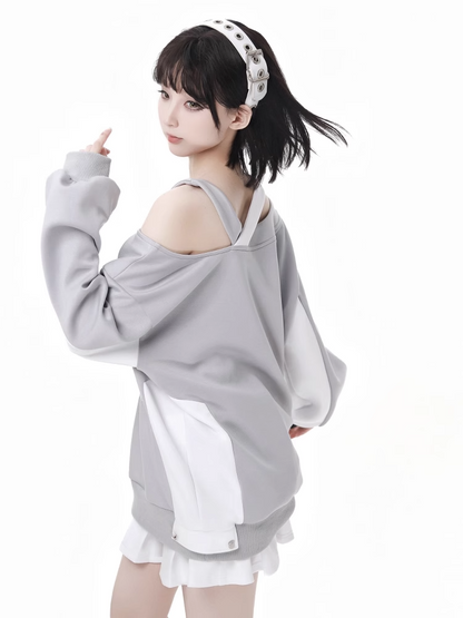 Design Colorblock Gray White Asymmetrical Neckline Cutout Shoulder Spring Sweatshirt