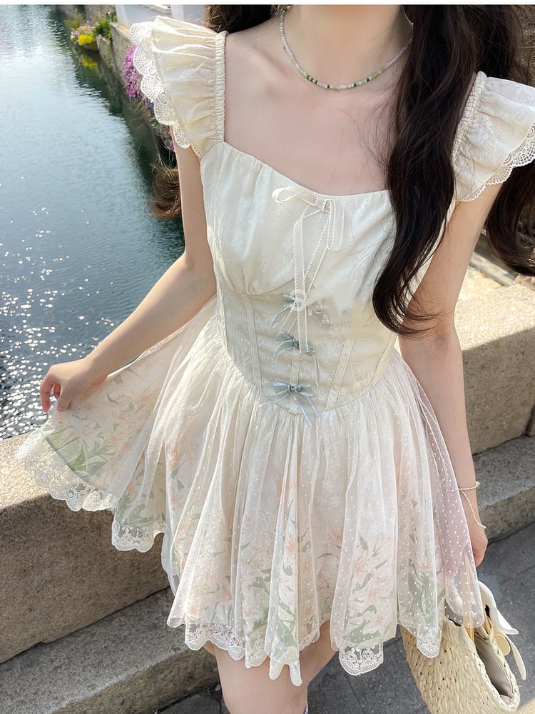 with Mesh Overlay Lily Print Dress Beige Flutter Sleeves Basque Waist