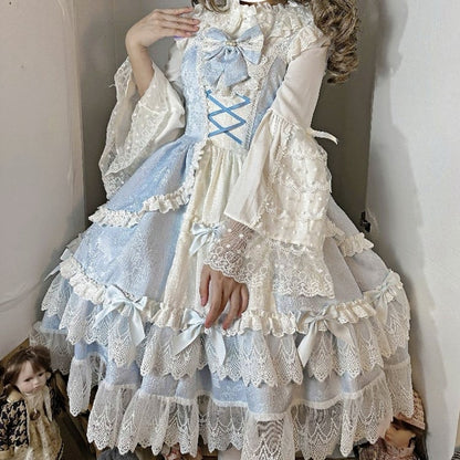 Blue and White Old School Lolita Fashion Dress Bowknot Detais JSK Set