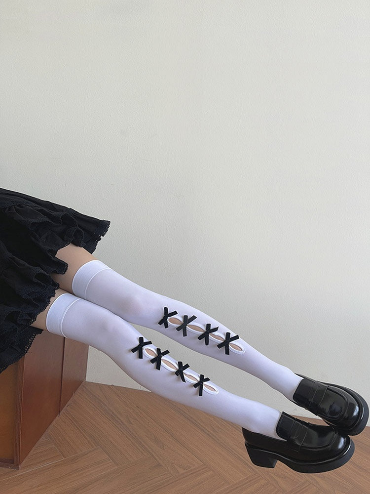 Bowknot Stockings Black/White Design Overknee Cut-out