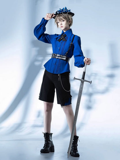 Long Klein Gray Blue and Point Collar Shirt Pleating Foldover Detailing Lace / Prince Sleeves