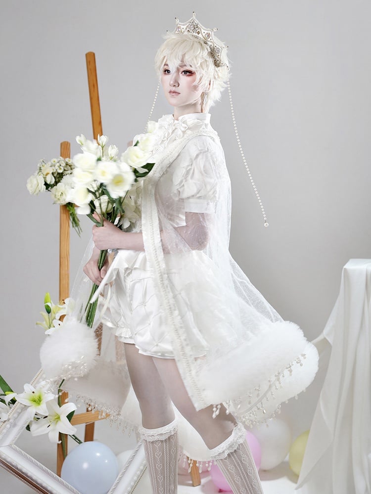 White Shorts Bloomer Shirt All Prince Lolita High - Set Outfit Cape + Waist Full Ouji Short Sleeves