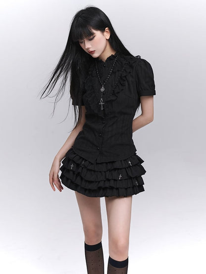 Black Lace Trim Short Sleeves Gothic Blouse