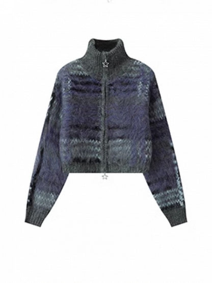 Cuffs with Gray Sweater Ribbed Purple Lockstitch Striped Crop Knit Detailing Mohair