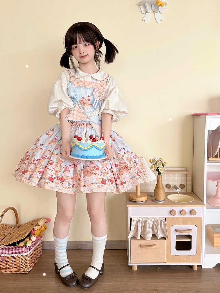 Blue Sweet Teddy Bear and Dessert Lolita Overall Dress