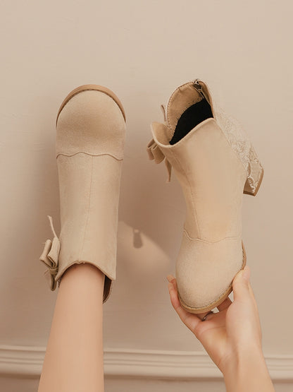 Verschlüsse Block und 6,5 cm Schleife Wildleder mit Rückseite - Akzent Beige Stiefel Satin-Version Ferse Reißverschluss Normal/Dicke Kombination