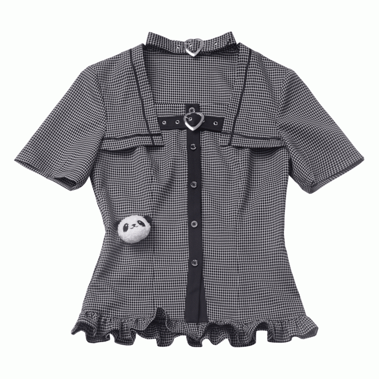 Choker Design Ruffled Hem Plaid Blouse Black Criss-cross All-in-one and