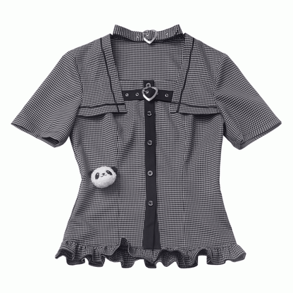 Choker Design Ruffled Hem Plaid Blouse Black Criss-cross All-in-one and