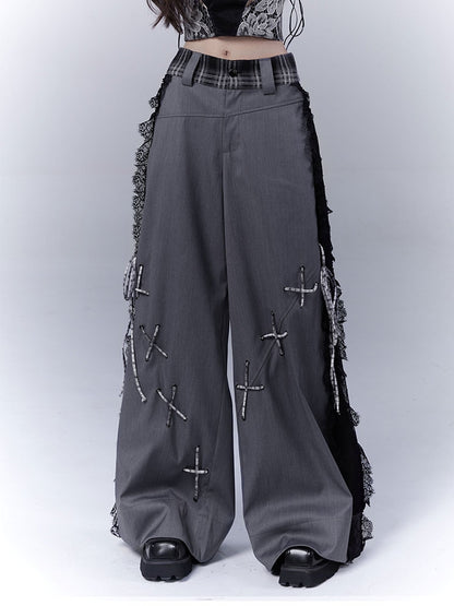 Dark Gray Lace Patches Details with Casual Pants Side Lace-up