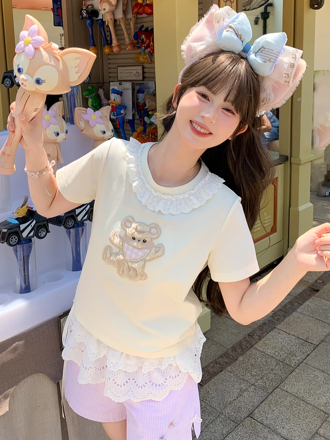 Plush Bear Applique Apricot Lace Trim Neckline T-shirt