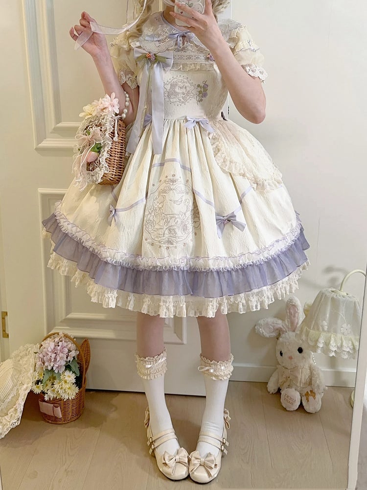 High Teddy Waist Bowknot Dress Lolita Floral Fabric and Embroidery