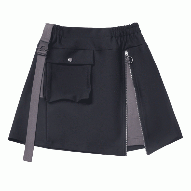 Black Snap and Zipper Detail Gray Techwear Skirt and