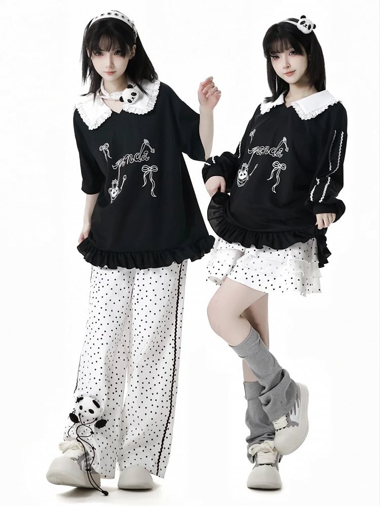White Polka-Dot Pattern Cotton Straight-Leg Pants with Panda Plushie