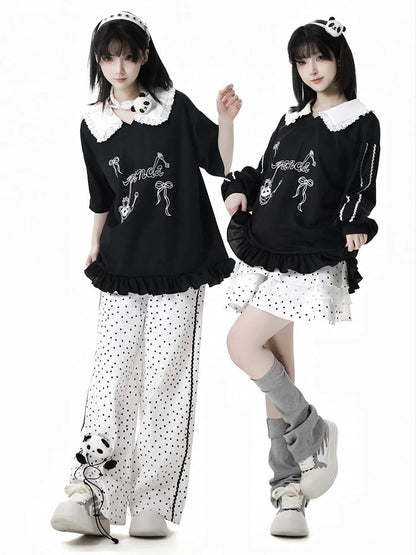 White Polka-Dot Pattern Cotton Straight-Leg Pants with Panda Plushie