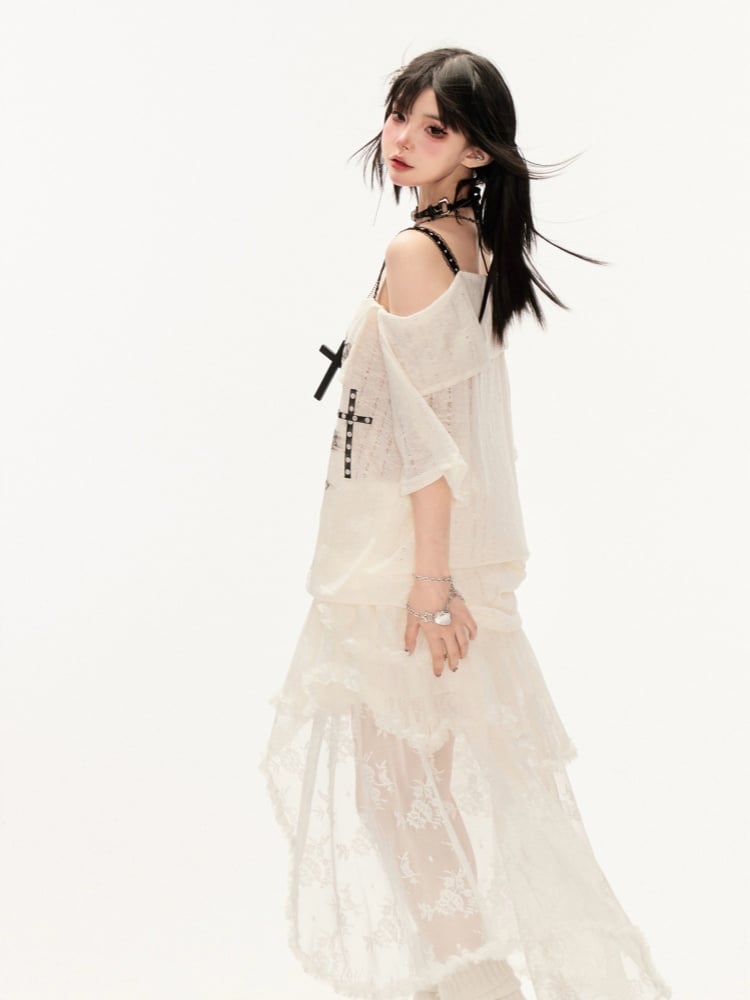 Apricot Low Skirt Waist Asymmetrical Hem High-low Tiered Lace