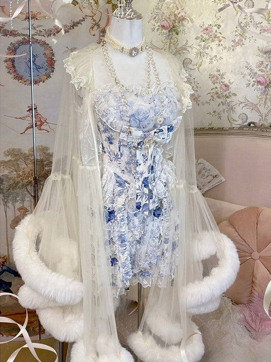 Porcelain + Corset Blue Neckline Rococo Outfit Chinoiserie White Skort Sweetheart and Top