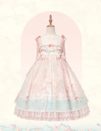 Peach and Peach Blossom Print Pink Empire Waist Han Lolita Dress