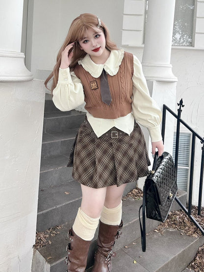 Plus Size Plaid White Skirt Brown / Shirt Pleated Preppy
