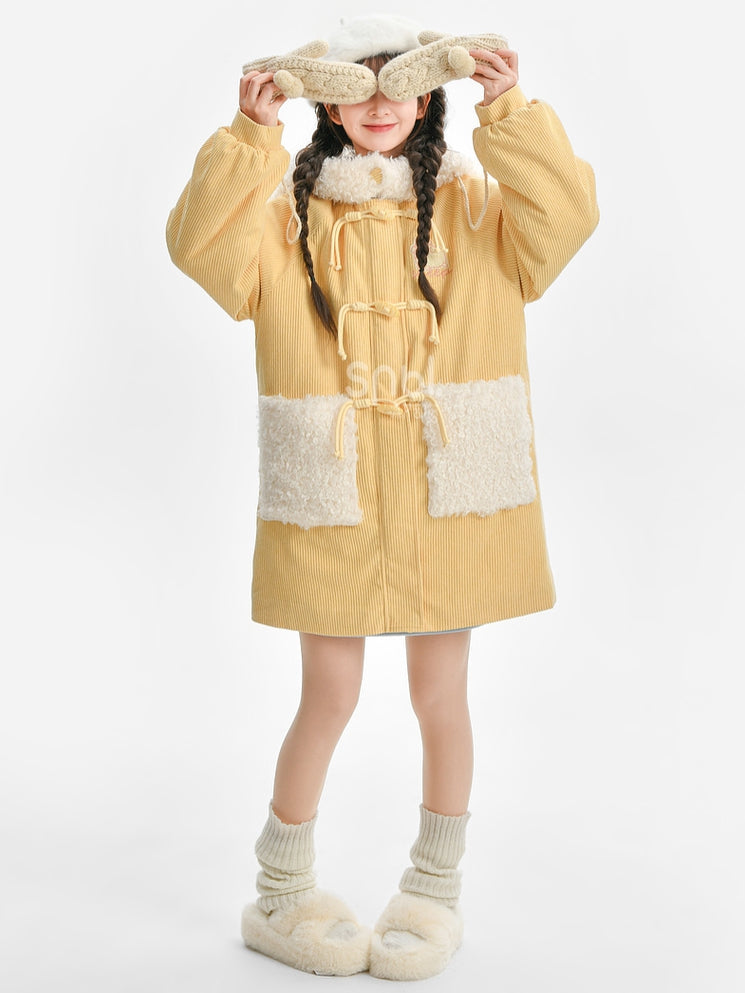 Milk Yellow Cute Lamb Hood Hooded Corduroy Duffle Coat