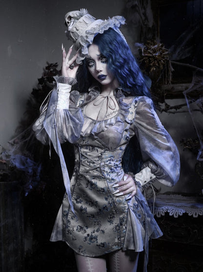 Dusty Blue Floral Jacquard Corpse Bride Overall Dress