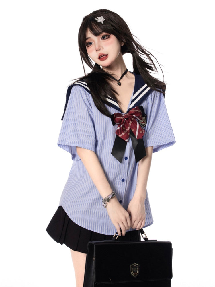 Style Pleated Skirt Double Heart Buckles Black Preppy