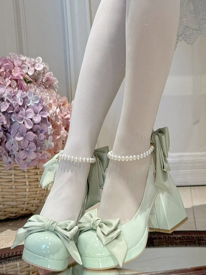 Grüne Lolita-Plateauschuhe mit Schleife und runder Mary-Schuh-Details