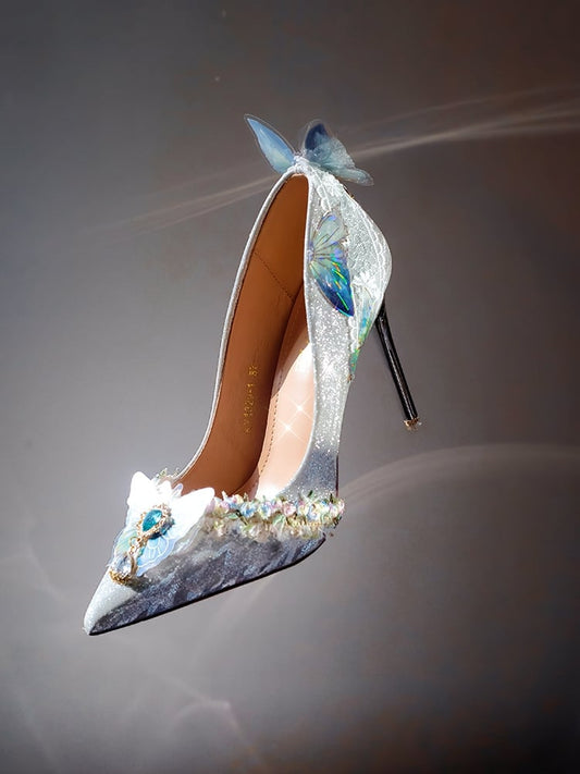 Silver 7.5CM/10.5CM Details Pointed Decorated Heels High Butterfly Toe Rhinestone