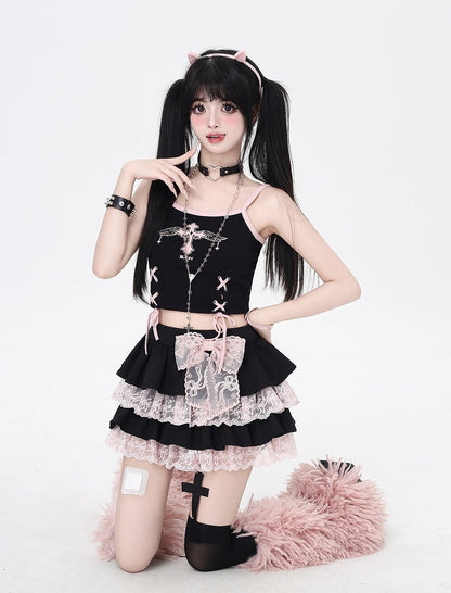 Pink Lace Trim Black Elastic Tiered Skirt Waist Y2K Contrast