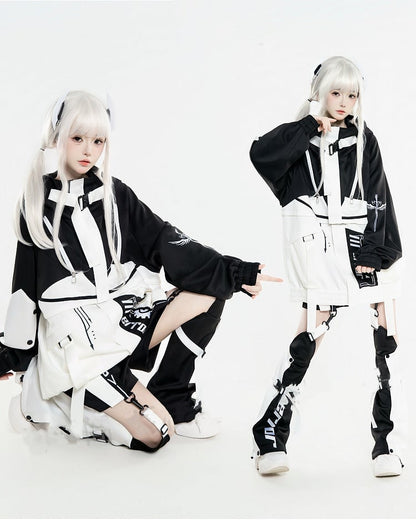 in Futuristic Techwear Detachable White Design Colorblock Landmine Style Black Jacket and
