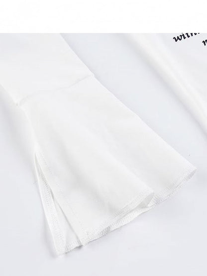 White Print Bell Asymmetrical Letter Bittersweet Sleeves Hem Top