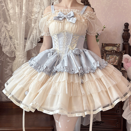 Beige Corset Waist Big JSK Lace-up Sweet Lolita Balletcore Dress Train Bow and with Blue