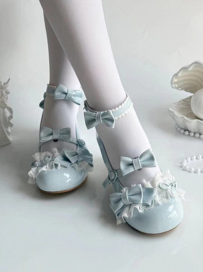 Lolita - Schnallen-Schleifendetails Jane Low Lace Schuhe Herzförmige Mary mit und blauem Absatz Süß