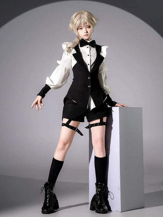 and Prince Lolita Waistcoat Garters - Outfit Ouji Gothic + Bowtie Black Tailcoat with White Shorts Shirt