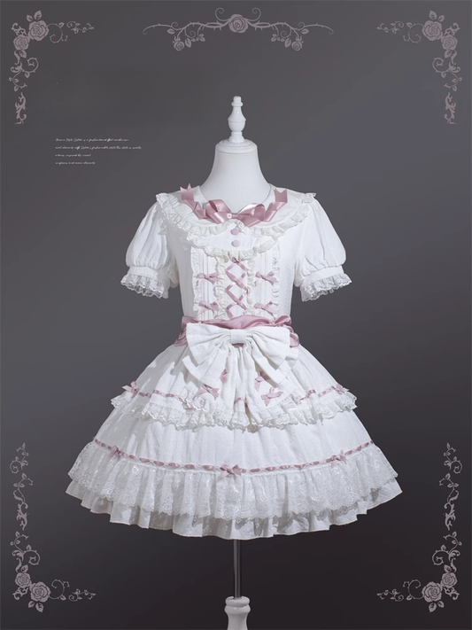 Hime Pink and Peter Pan Collar Tiered Skirt Balletcore Lolita Dress White OP
