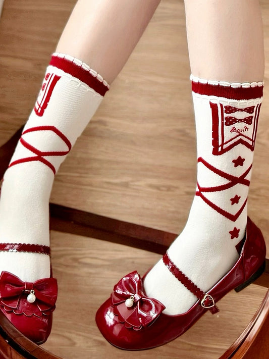 Socks Crisscorss Print Star and Bowknot Blue/Red Lolita Banded Calf