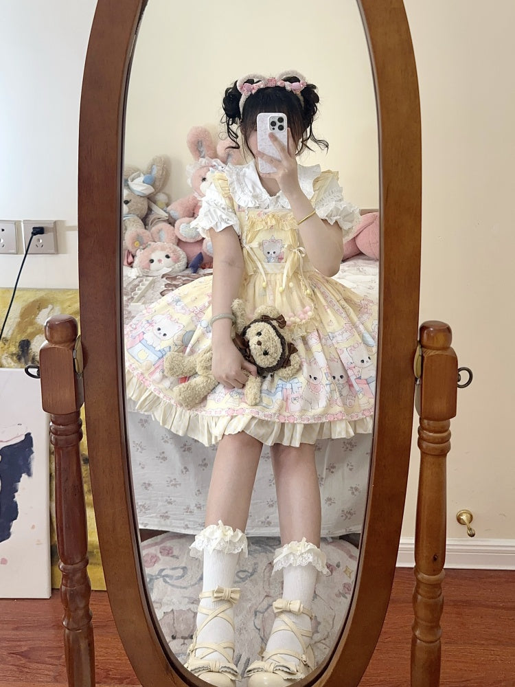 Dress Sweet Yellow Overall Lolita Kitty Polka Pattern Print Dots and