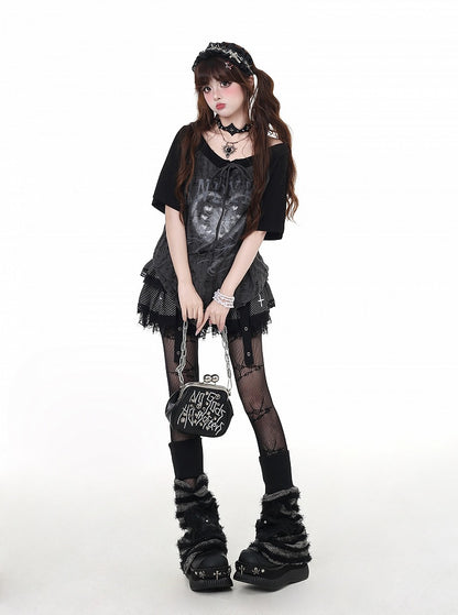 Neckline Gray Distressed Holes Colorblock Design Self-tie Strap Black and Graphic T-shirt