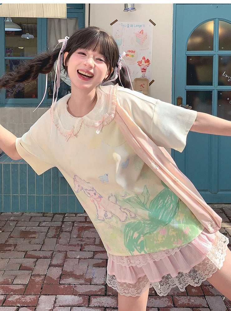 T-Shirt Light Green Round Neck Graffiti Lamb Print Loose