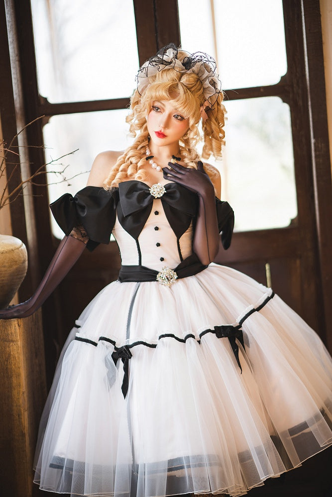 Big Bow Off-the-shoulder Neckline Pink Elegant Tea Party Lolita Tulle Dress
