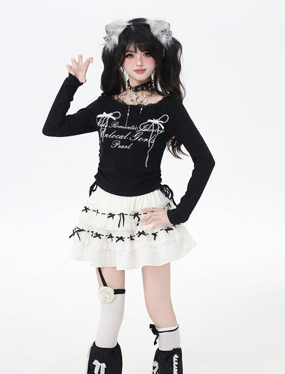 Bowknot Print Lace Sweet Top Trim Drawstring Waist White/Black