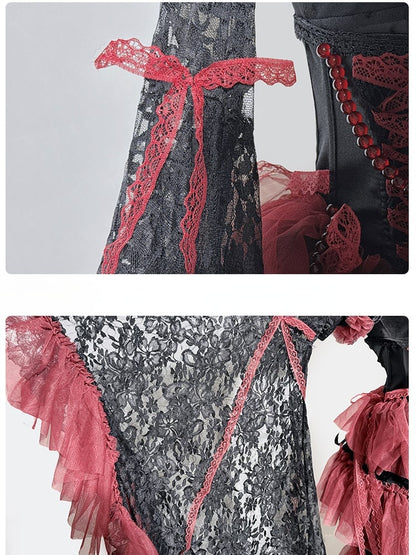 Black&Red Gothic Set- Cami Top+Lace Bell Sleeves Bolero+ Lace-up Detail Beaded Chain Tiered Skirt