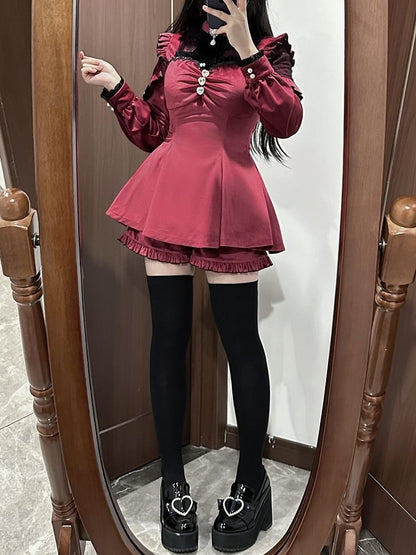 Wine Red Jirai Kei Set Contrast Lace Patches Velvet Landmine Style Dress + Bow Tie + Ruffle Cuffs Shorts