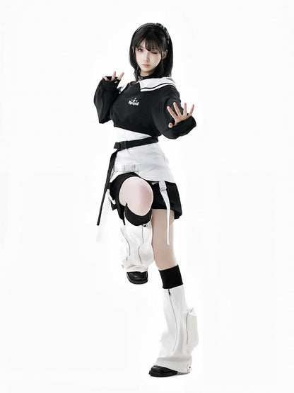 Zipper Black and Techwear Flared Leg Warmers White Drawstring Cuffs Detail