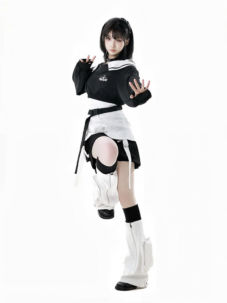 Punk Techwear Black V-Neck Futuristic Cropped Sweatshirt Wasteland