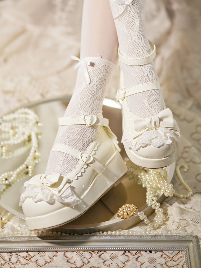 White Bow Milky Buckles at Platforms Lace Trim Top Heart